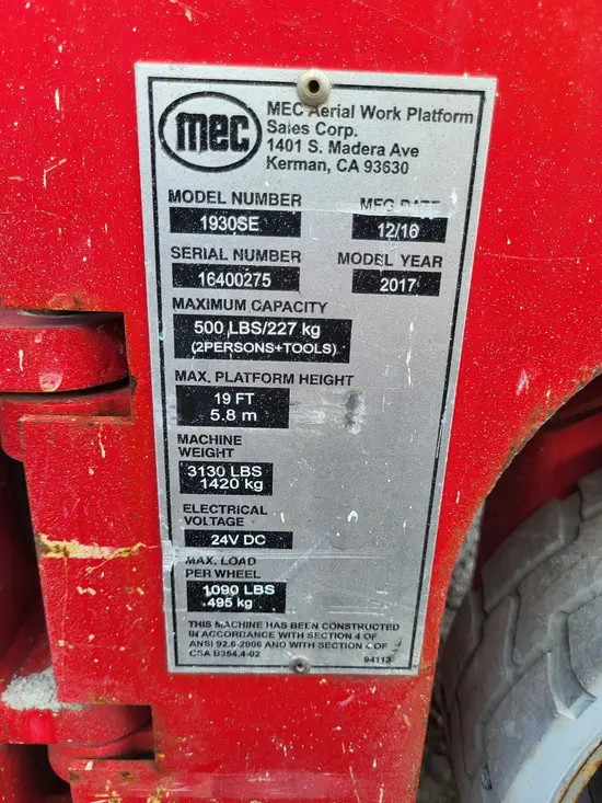 2017 MEC 1930SE Scissor Lift