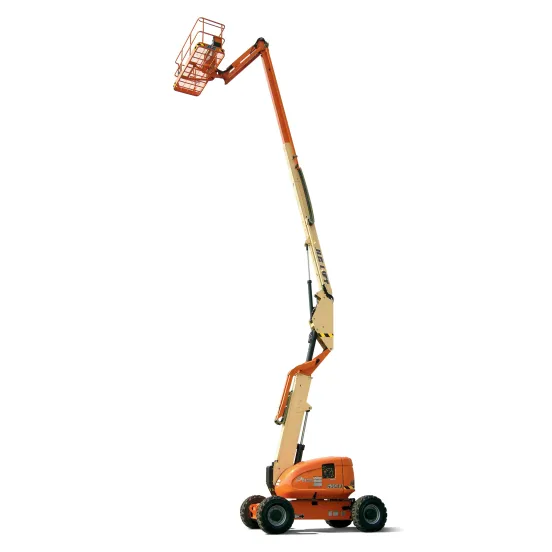 Side view of an extended orange and beige articulating boom lift.