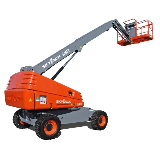 Side angled view of orange and gray Skyjack boom lift with extended arm and basket.